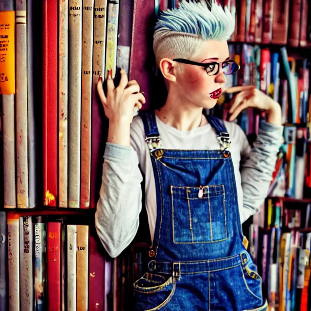 Image similar to full body pose, beautiful adult book fairy, pixar, short white hair shaved sides, dirty, grungy, grunge, long sleeve, painted overalls, stacks of giant books, highly detailed, 4 k, hdr, smooth, sharp focus, high resolution, award - winning photo, artgerm, photorealistic