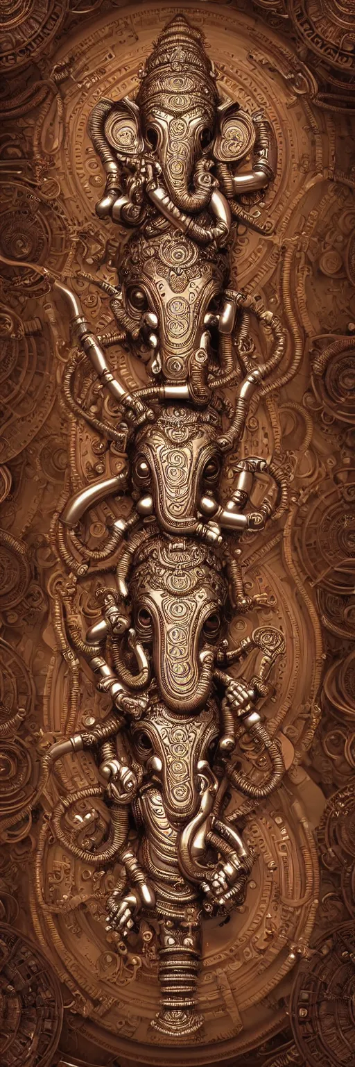 Prompt: seamless pattern of steampunk cybernetic biomechanical hindu god ganesha, symmetric, 3 d model, very coherent symmetrical artwork, unreal engine realistic render, 8 k, micro detail, intricate, elegant, highly detailed, centered, digital painting, artstation, smooth, sharp focus, illustration, artgerm, tomasz alen kopera, wlop