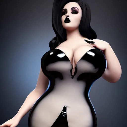 Image similar to curvy feminine goth bombshell in an elaborate polished latex outfit, thin waist, cgsociety, photorealistic, sublime ambience, idealistic, 16k, smooth, sharp focus, trending on ArtStation, volumetric lighting