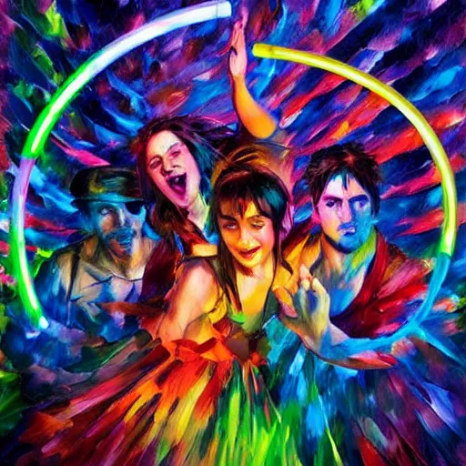 Image similar to rave dance party in the dark with glow sticks by arthur adams, charlie bowater, leonid afremov, chiho ashima, karol bak, david bates, tom chambers