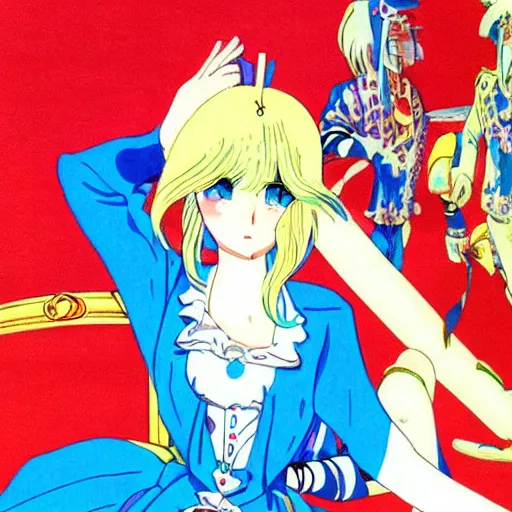 Image similar to Platinum-blonde-haired hime cut blue-eyed French empress, 1977 anime, retro anime style