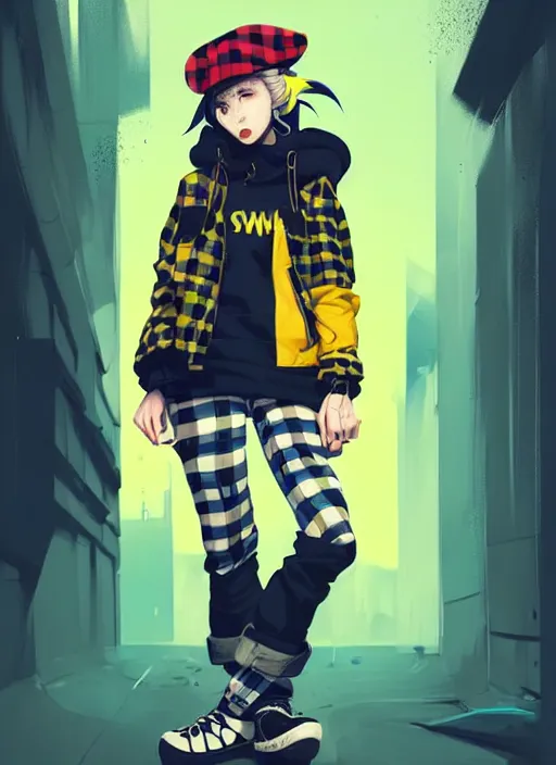 Image similar to highly detailed portrait of a sewer punk lady student, blue eyes, tartan hoody, hat, white hair by atey ghailan, by greg tocchini, by jesper ejsing, gradient yellow, black, brown and cyan color scheme, grunge aesthetic!!! ( ( graffiti tag wall ) )