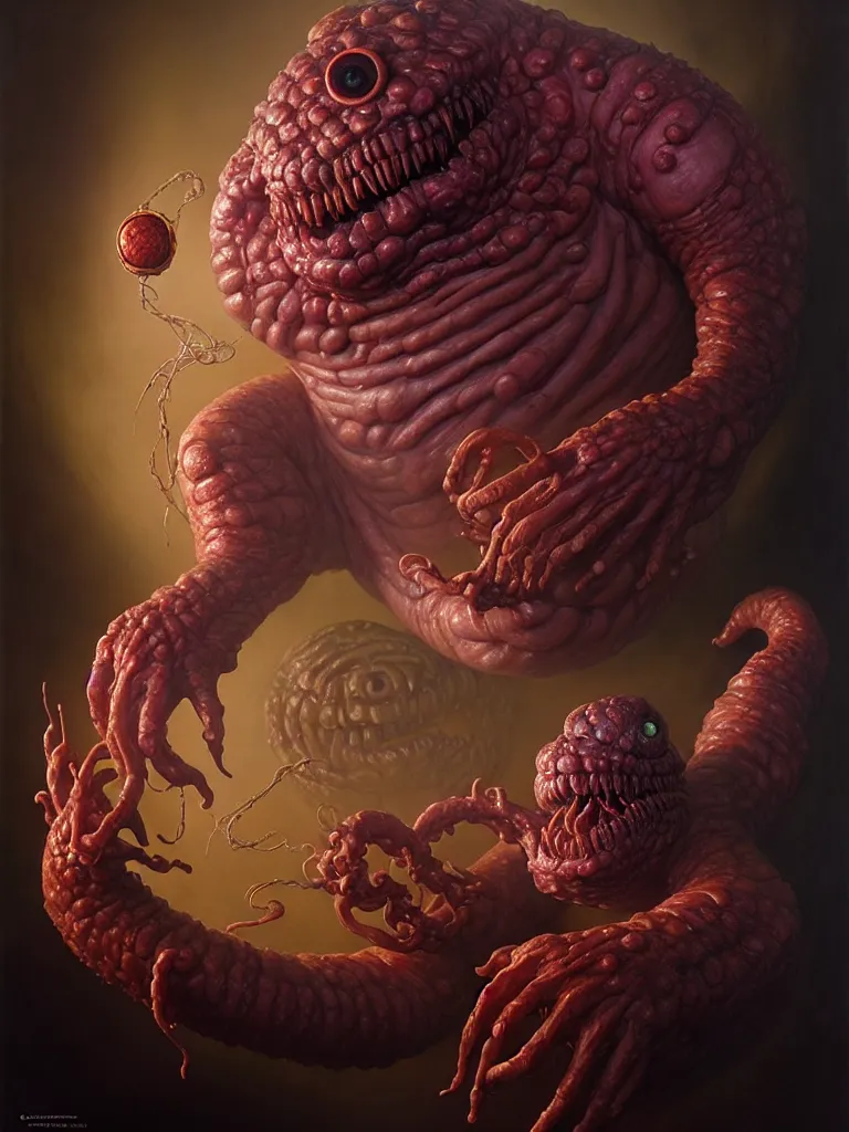 Image similar to hyperrealistic rendering, fat smooth cronenberg flesh monster d & d beholder by donato giancola and greg rutkowski and wayne barlow and zdzisław beksinski, eyeballs, lightning, magic runes, product photography, action figure, sofubi, studio lighting, colored gels, colored background