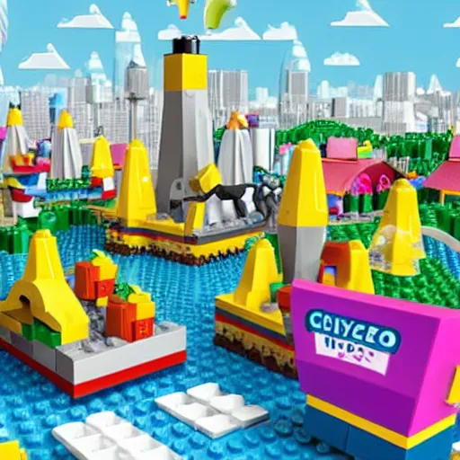 Prompt: unicorns drop giant blocks of cheese on lego city