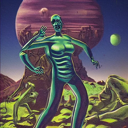 Prompt: alien landscape, retro pulp art