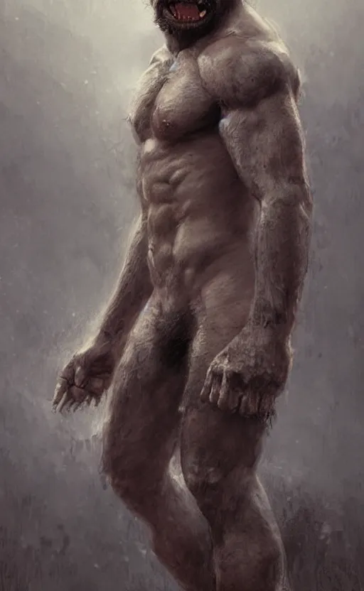 Image similar to hyperrealistic, Portrait of a rugged werewolf, male, muscular, detailed face, bare thighs!!!, simple clothing!!!!!, fantasy, medieval, highly detailed, cinematic lighting, digital art painting by greg rutkowski