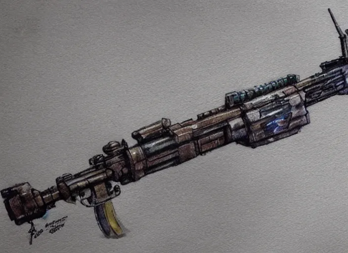 Image similar to concept art of a rifle futuristic weapon, fantasy, steampunk, pinterest, artstation trending, behance, watercolor, by coby whitmore, silver, laser light,