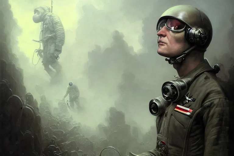 Image similar to portrait shot of ww 1 astronaut, horror, grim - lighting, high - contrast, intricate, elegant, highly detailed, centered, digital painting, artstation, concept art, smooth, sharp focus, illustration, artgerm, tomasz alen kopera, peter mohrbacher, donato giancola, joseph christian leyendecker, wlop, boris vallejo