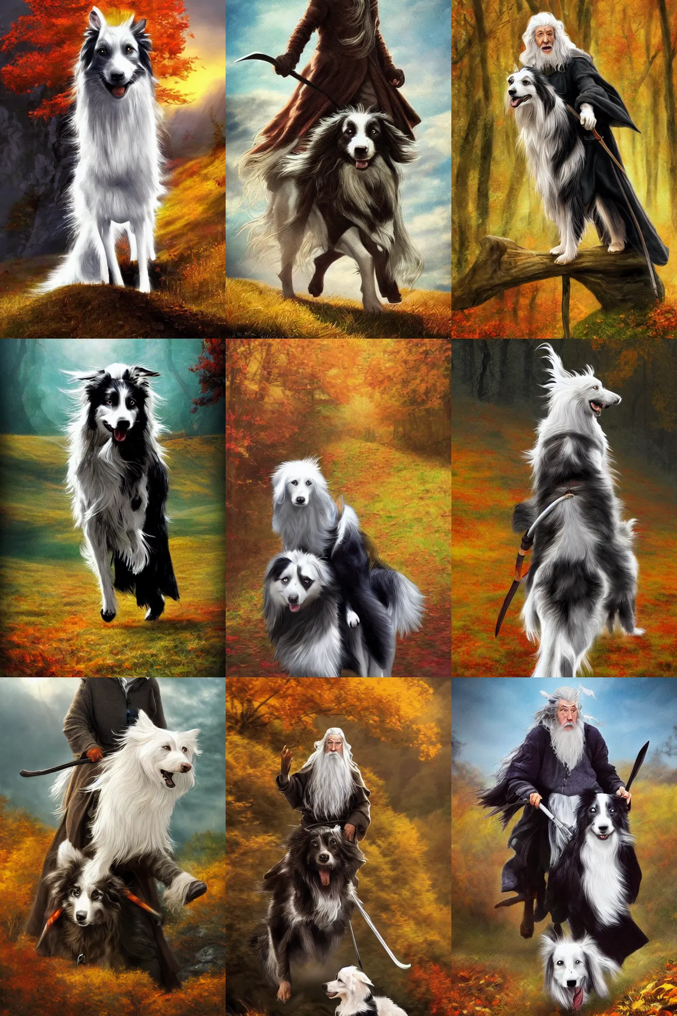 Prompt: gandalf riding a border collie, movie!!!!! poster!!!!!, autumn colors, artstation