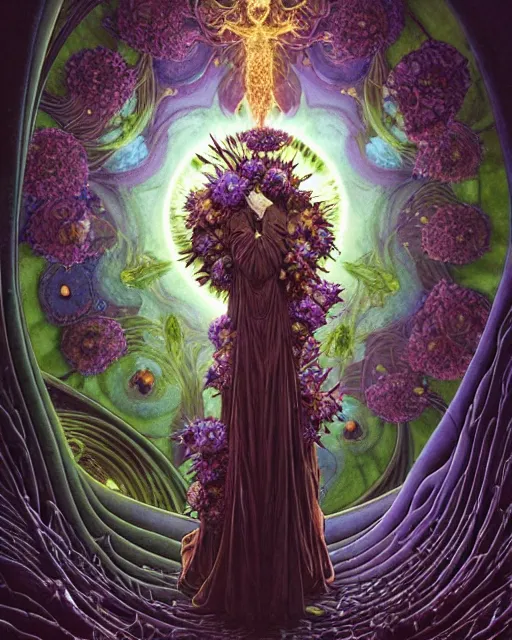 Image similar to the platonic ideal of flowers, rotting, insects and praying of cletus kasady carnage thanos nazgul doctor manhattan chtulu mandelbulb howl's moving castle mandala davinci heavy rain the witcher, d & d, fantasy, ego death, decay, dmt, psilocybin, art by artgerm and greg rutkowski and alphonse mucha