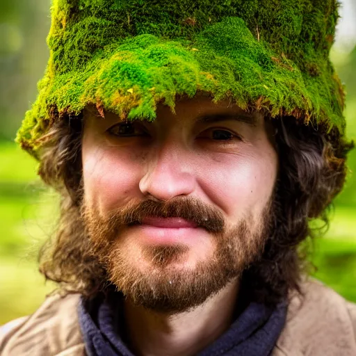 Image similar to portrait of a man with hat made of moss, 4k, full shot, high details, natural light, Forrest in background