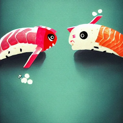 Prompt: sushi fighting each other, digital art, digital painting, character design, trending, artstation