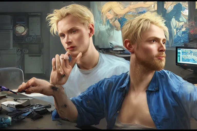 Image similar to a computer graphics artist man with blonde hair, blue eyes, a ballcap in a messy room at the computer animating, ultra realistic, concept art, intricate details, serious, highly detailed, photorealistic, octane render, 8 k, unreal engine. art by artgerm and greg rutk owski and alphonse mucha