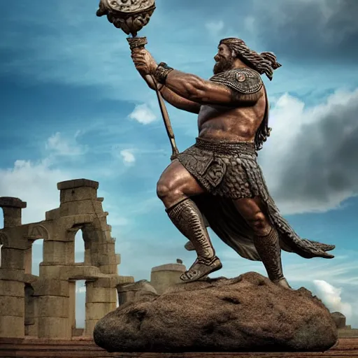 Prompt: a grand bronze statue of a burly muscular viking wielding a halberd, holding a hanging ancient scale balance in one outstretched hand, with a small building located on the scale balance, flowing hair and long robes, regal and menacing visage, built in a verdant field surrounded by ancient ruins, twilight sky, enhanced 4 k stylized digital art