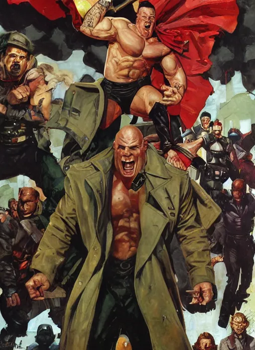 Prompt: full body and head portrait of hulking martyn ford wearing a trench coat as juggernaut, dynamic action painted by norman rockwell and phil hale and greg staples and tom lovell and frank schoonover and jack kirby
