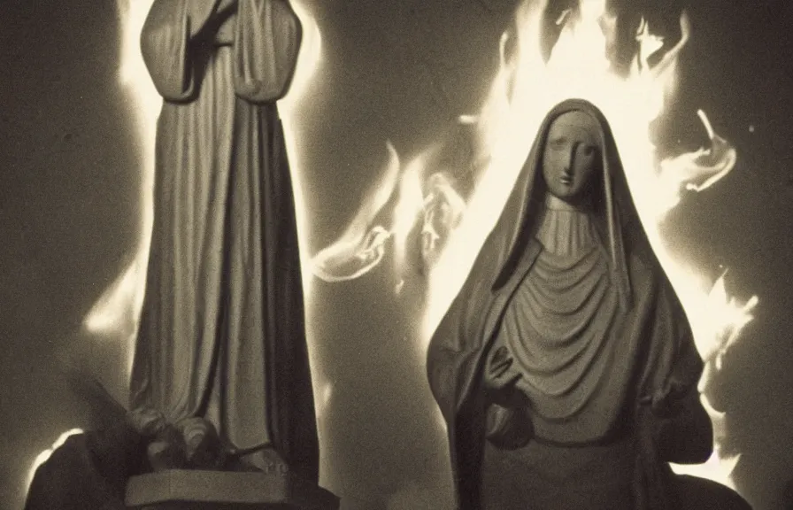 Prompt: statue of mother mary on fire, grainy vintage photograph