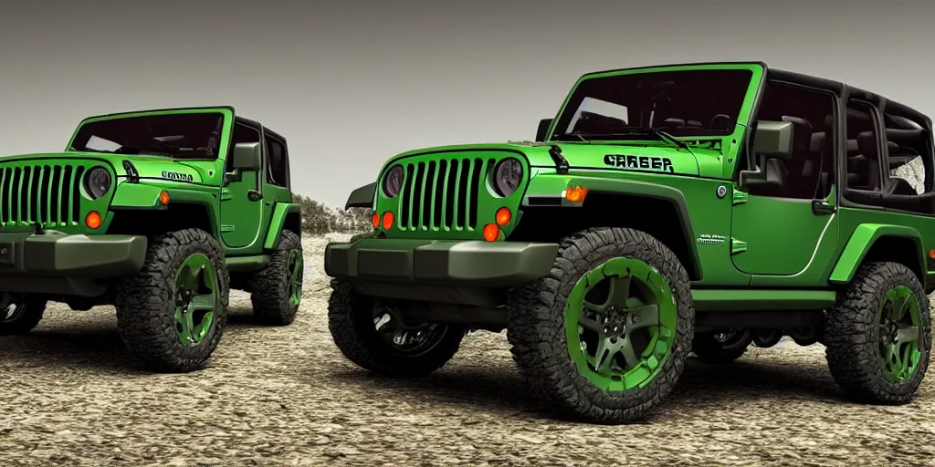 Prompt: Green Jeep Wrangler black background, 3D Render, Hyper Detailed