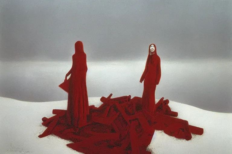Image similar to a surrealist painting of a lonely woman with pale skin and red hair, standing over pile of bodies in post apocalyptic snowy landscape, painted by zdzisław beksinski and salvador dali