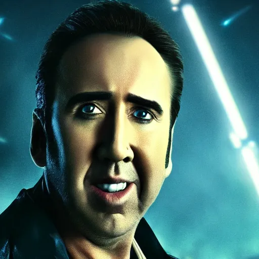 Image similar to glamour photo shot of nicolas cage with crazy grin and dramatic lightning and backlightning, bladerunner 2 0 4 9, highly detailed