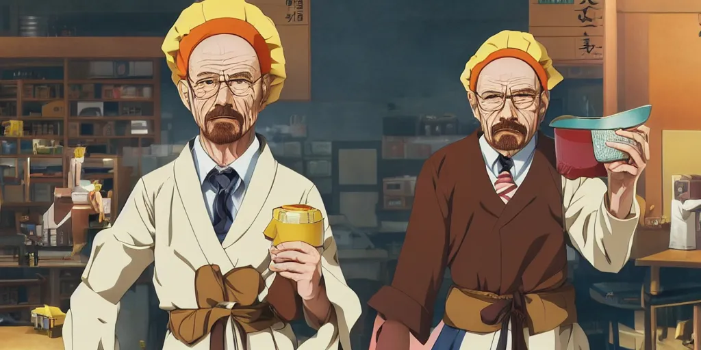 Image similar to anime key art of walter white dressed as a japanese schoolgirl with a tost in his mouth, digital art 4k