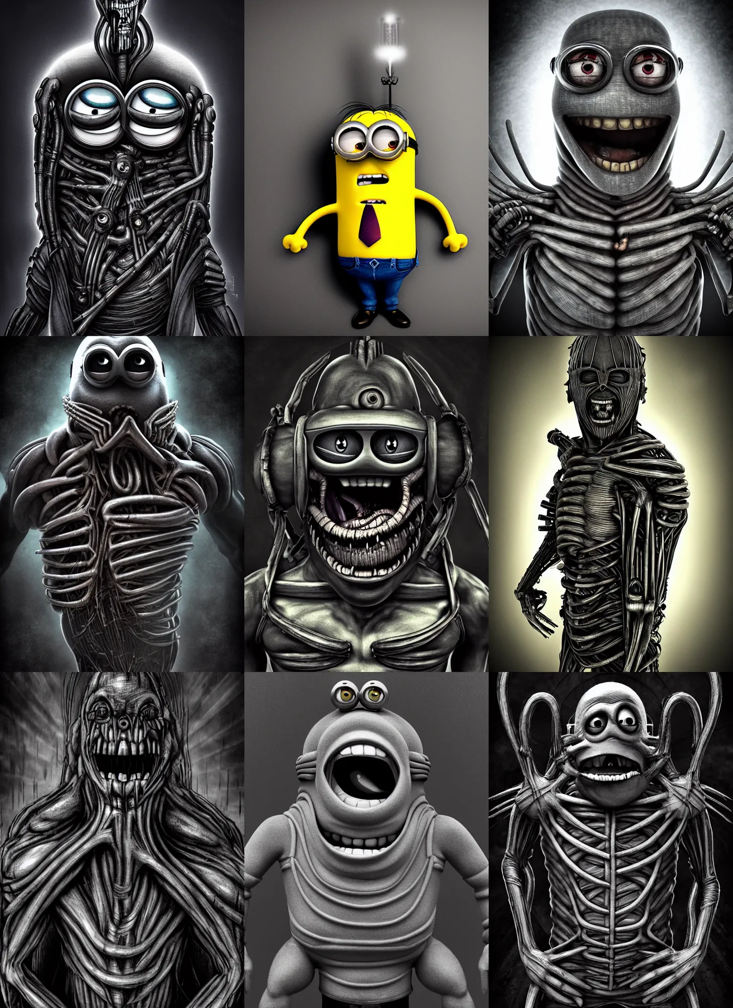 Prompt: minion coming out from a man's chest, in the style of hans ruedi giger, dark, high definition, high contrast, epic, 4 k