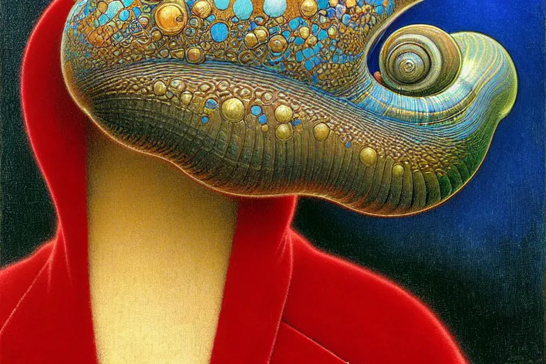 Image similar to realistic detailed closeup portrait painting of a single snail wearing crimson velvet blazer in a crowded futuristic moscow street by Jean Delville, Amano, Yves Tanguy, Alphonse Mucha, Ernst Haeckel, Ilya Repin, Edward Robert Hughes, Andrei Tarkovsky, Roger Dean, rich moody colours, blue eyes