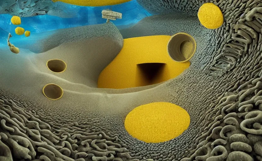 Image similar to sponge with many tunnels inside each hole, tunnels lead to different worlds, surreal, detailed, high definition, mysterious, wide shot, surrealist depiction of a normal sponge,