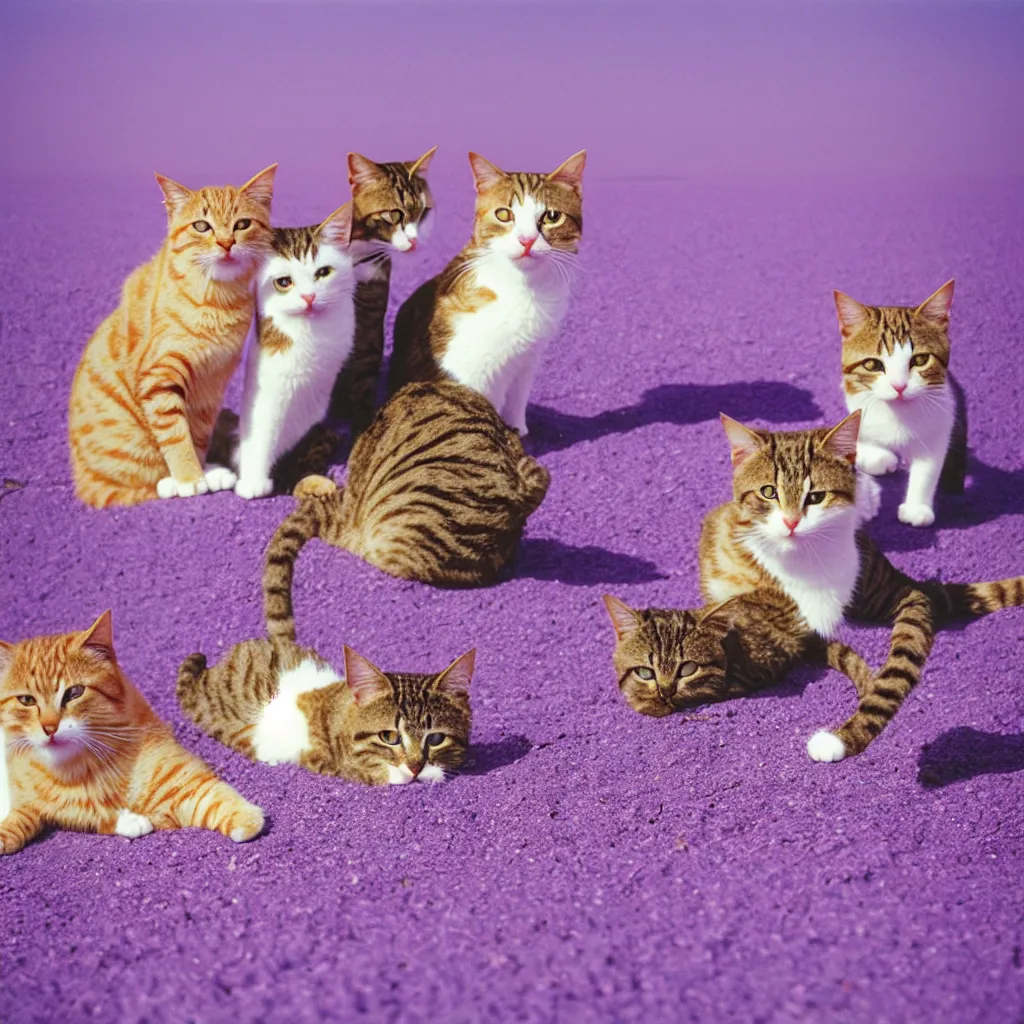 Image similar to cats on a purple beach, kodak gold 200,