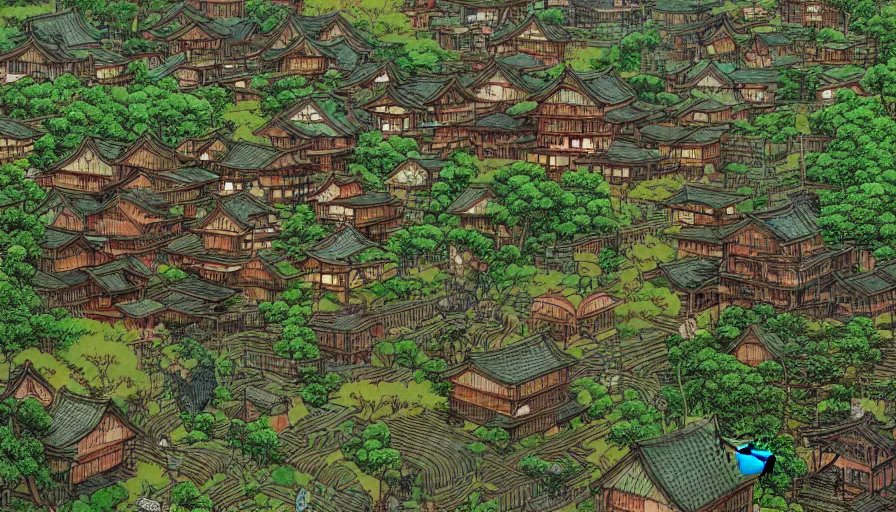 Image similar to japanese village in green mountains by shigeru mizuki, hyperdetailed, artstation, cgsociety, 8 k