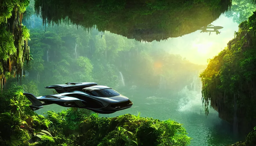 Image similar to a distant scifi flying car floating in a prehistoric jungle cave, lush flora, waterfall, sunset, hazy, volumetric lighting, rtx on, photorealistic render, great composition, very detailed