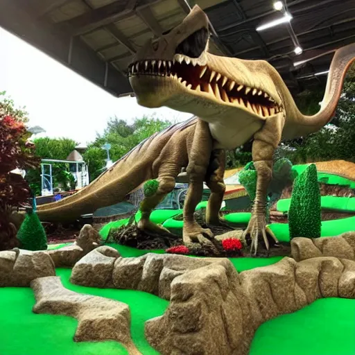 Image similar to dinosaur themed mini golf park, epic mini golf