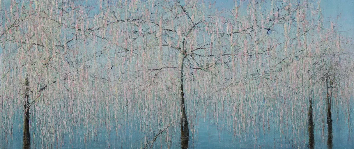 Image similar to A gentle breeze blows the willow trees in early spring , abstract, oil painting, by Zhao Wuji