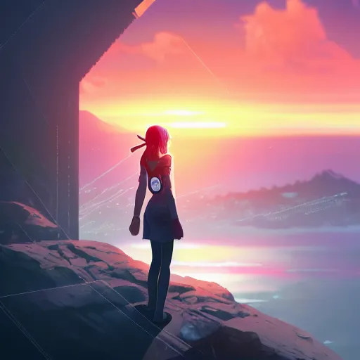 Image similar to A cyborg girl standing on the hill looking at the sea with a sunset in style of Makoto Shinkai and Cyberpunk. ArtStation, 8K, Highly Detailed, Intricate, Album Art.