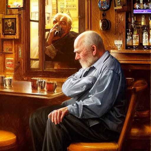 Prompt: portrait of a old man smoking at a old bar, digital painting, artstation, concept art, donato giancola, Joseph Christian Leyendecker, WLOP, Boris Vallejo, Breathtaking, 8k resolution, extremely detailed, beautiful, establishing shot, artistic, hyperrealistic, octane render, cinematic lighting, dramatic lighting, masterpiece, light brazen, extremely detailed and beautiful face