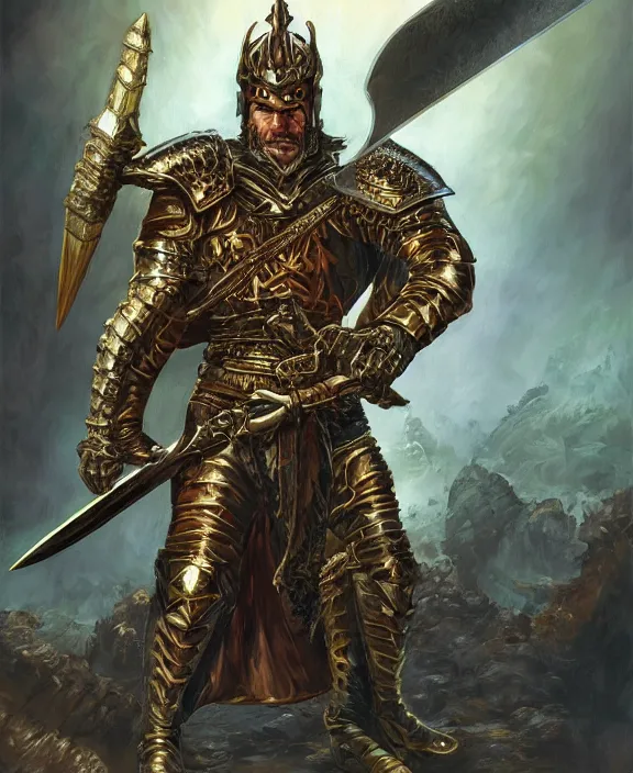 Image similar to strong warrior with legendary sword, fantasy, man, gilded shiny armour, highly detailed, contrast, digital painting, artstation, concept art, wallpaper, smooth, sharp focus, illustration, illumination, raytracting, art by larry elmore, jeff easley, clyde waldwell, keith parkinson, daniel r horne