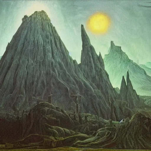 Image similar to minas morgul detailed oil on canvas in the style of Caspar david Friedrich,