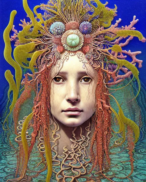 Image similar to realistic detailed underwater face portrait of the beutiful young goddess of the fractal waters with an intricate headdress of corals, sea kelp, sea plants, fish, jellyfish, art by ernst haeckel, zdzisław beksinski, h. r. giger, hieronymus bosch, gothic, neo - gothic, ornamental, beautiful deep colours,