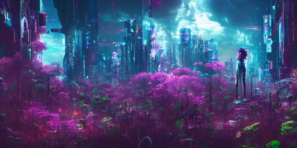 Image similar to A cyberpunk dreamscape showing an alien landscape covered in mystical flowers | Dreamworks Films Art | Depth of Field | 4k