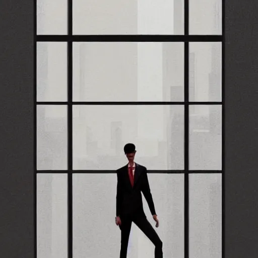 Prompt: concept art by greg rutkowski, very tall and thin young man, dressed in a lawyer's suit, standing drinking a coffee looking out a window in a minimalist, hi - tech, brutalist office, reddish exterior lighting, scifi, highly detailed portrait, digital painting, artstation, concept art, smooth, sharp foccus ilustration, artstation hq