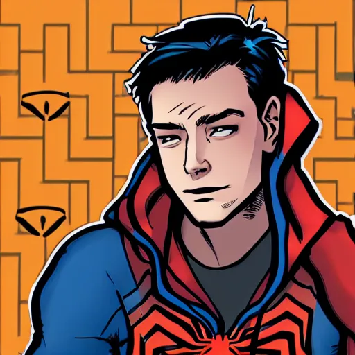 Prompt: peter parker with spider - man hoodie as a cryptocurrency trader in marvel art style