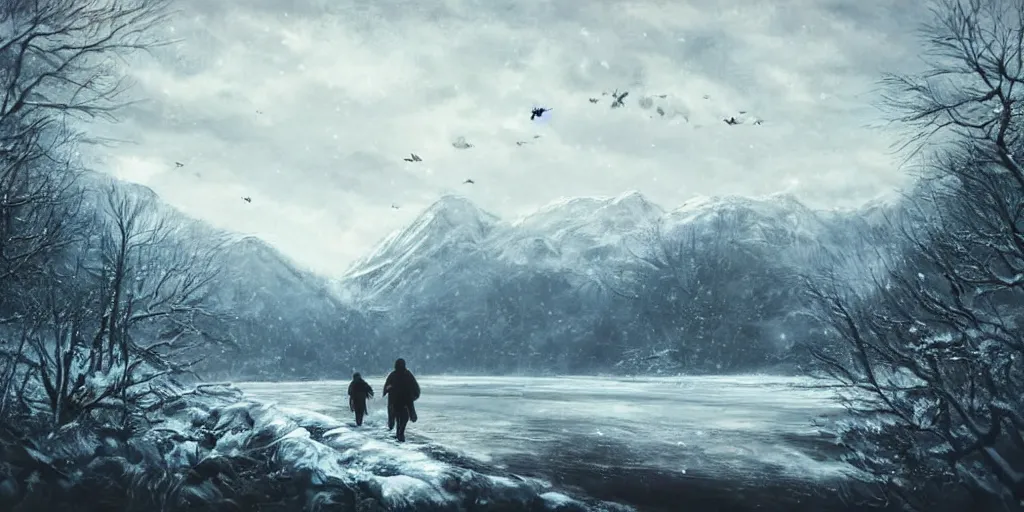 Image similar to A majestic landscape featuring a river, mountains and a forest. A small group of birds is flying in the sky. Harsh winter. very windy. There is a man walking in a deep snow.Camera is positioned behind the man. Cinematic, very beautiful, painting in the style of Lord of the rings