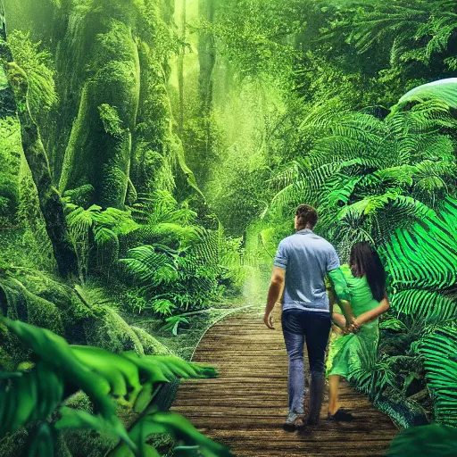 Prompt: a detailed photorealistic picture of two lovers holding hands walking through the forest overgrown canopy jungle lush foliage waterfall in background, 8k