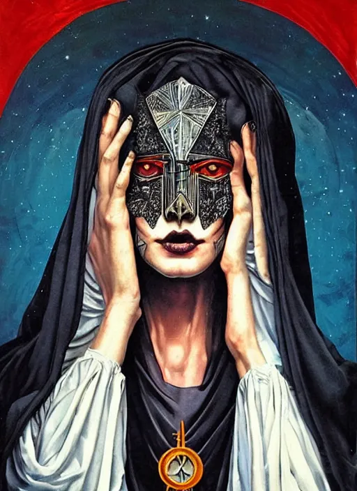 Image similar to powerful tripping cult magic psychic woman, subjective consciousness psychedelic, epic surrealism expressionism symbolism story iconic, dark robed witch, oil painting, robe, symmetrical face, greek dark myth, by Sandra Chevrier, Gerald Brom masterpiece