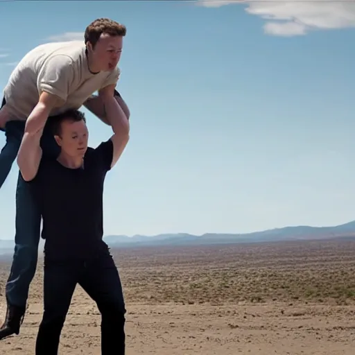 Image similar to elon musk on mark zuckerberg's back, holding on for dear life. cinematic 8 k, depth of field.