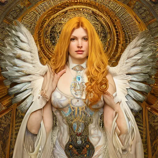 Image similar to white bull with angelic wings, drawn by Donato Giancola and Artgerm, Light by Julie Bell, design by alphonse mucha, background by James Jean and gustav klimt and John Marshall Gamble, 4k, volumetric lighting, french nouveau, trending on artstation, octane render, hyperrealistic