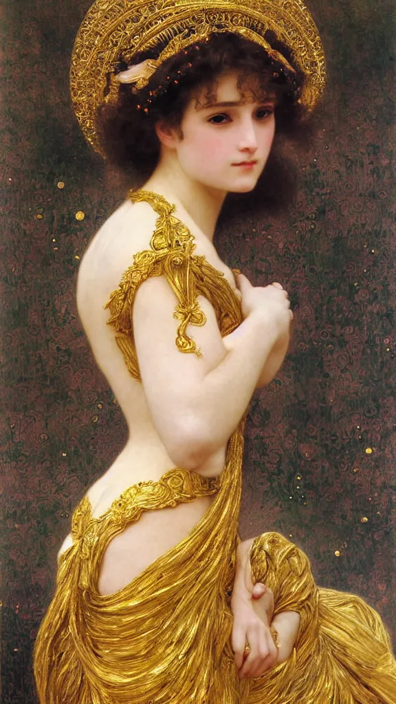 Image similar to painting portrait of a beautiful woman like an ancient goddess, intricate, elegant, digital painting, smooth, sharp focus, shiny gold, realistic gold, realistic metal, by William-Adolphe Bouguereau and Gustav Klimt,