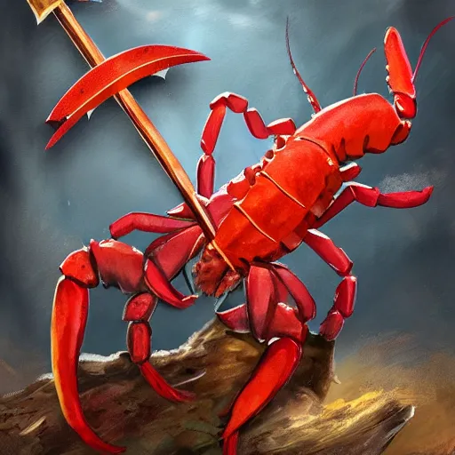 Image similar to Lobster Knight with a claw arm and a human arm holding a sword