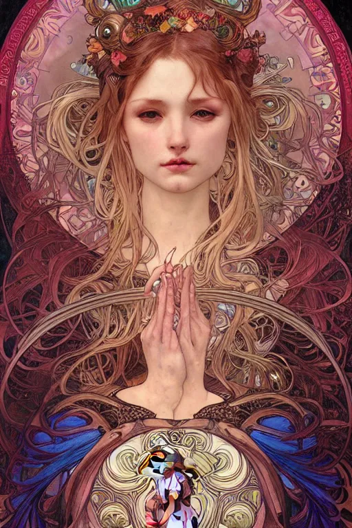 Prompt: realistic detailed face portrait of adult Goddess of Psychedelics by Alphonse Mucha, Ayami Kojima, Amano, Charlie Bowater, Karol Bak, Greg Hildebrandt, Jean Delville, and Mark Brooks, Art Nouveau, cyberpunk, mechanical accents, glowing pink accents, rich deep moody colors