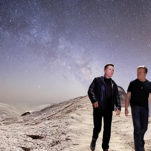 Prompt: elon musk and donald tusk hiking on milky way nebula