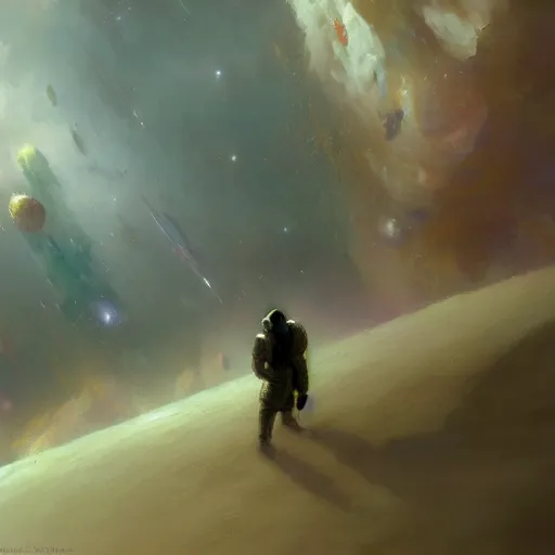 Image similar to a man lost in space, lonely, beautiful, cosmic, craig mullins, colourful